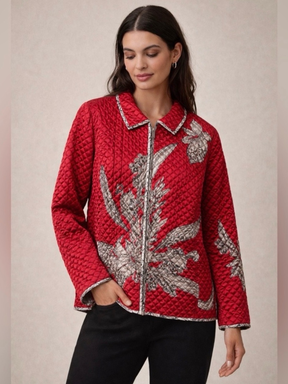 Chico's Quilted Reversible Red Quilted blossom Zip Up Jacket Size 16